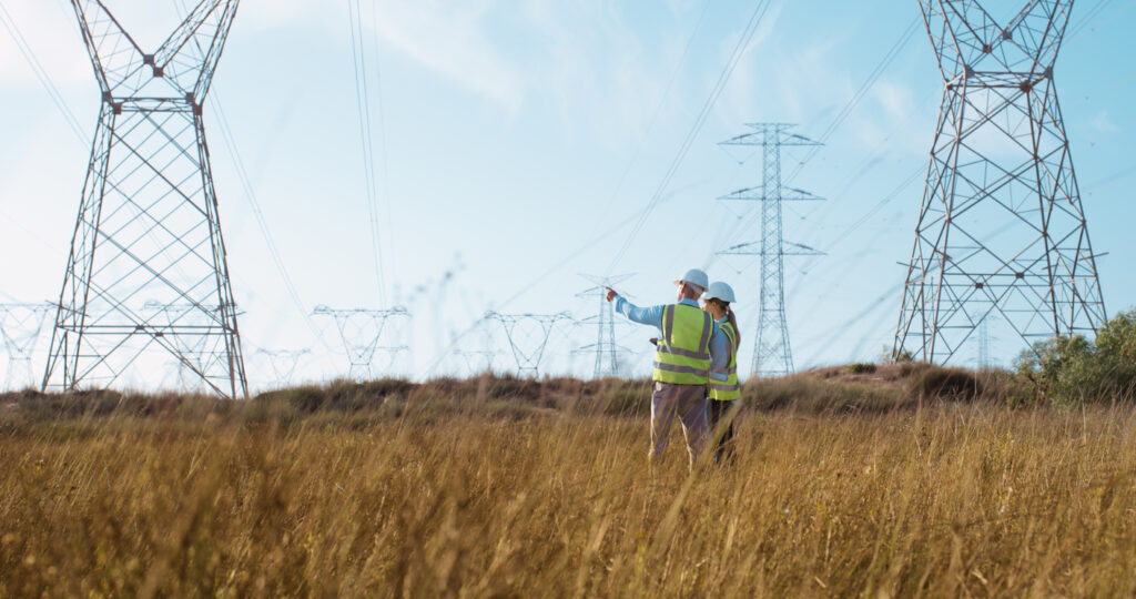 Two utility professionals in high-visibility safety vests stand in a wide, grassy field beneath towering transmission lines, gesturing toward the power infrastructure that stretches across the landscape. The scene reflects the scale and responsibility of protecting the power grid and preserving the accessibility of the software behind it.