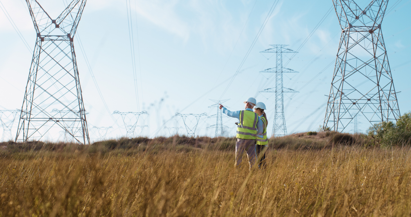 Two utility professionals in high-visibility safety vests stand in a wide, grassy field beneath towering transmission lines, gesturing toward the power infrastructure that stretches across the landscape. The scene reflects the scale and responsibility of protecting the power grid and preserving the accessibility of the software behind it.
