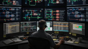 A power grid operator monitors a wall of interconnected system diagrams and live data across more than ten screens in an energy control room. This case study image demonstrates the complexity of their work and the job of the digital accessibility research necessary to evaluate it.