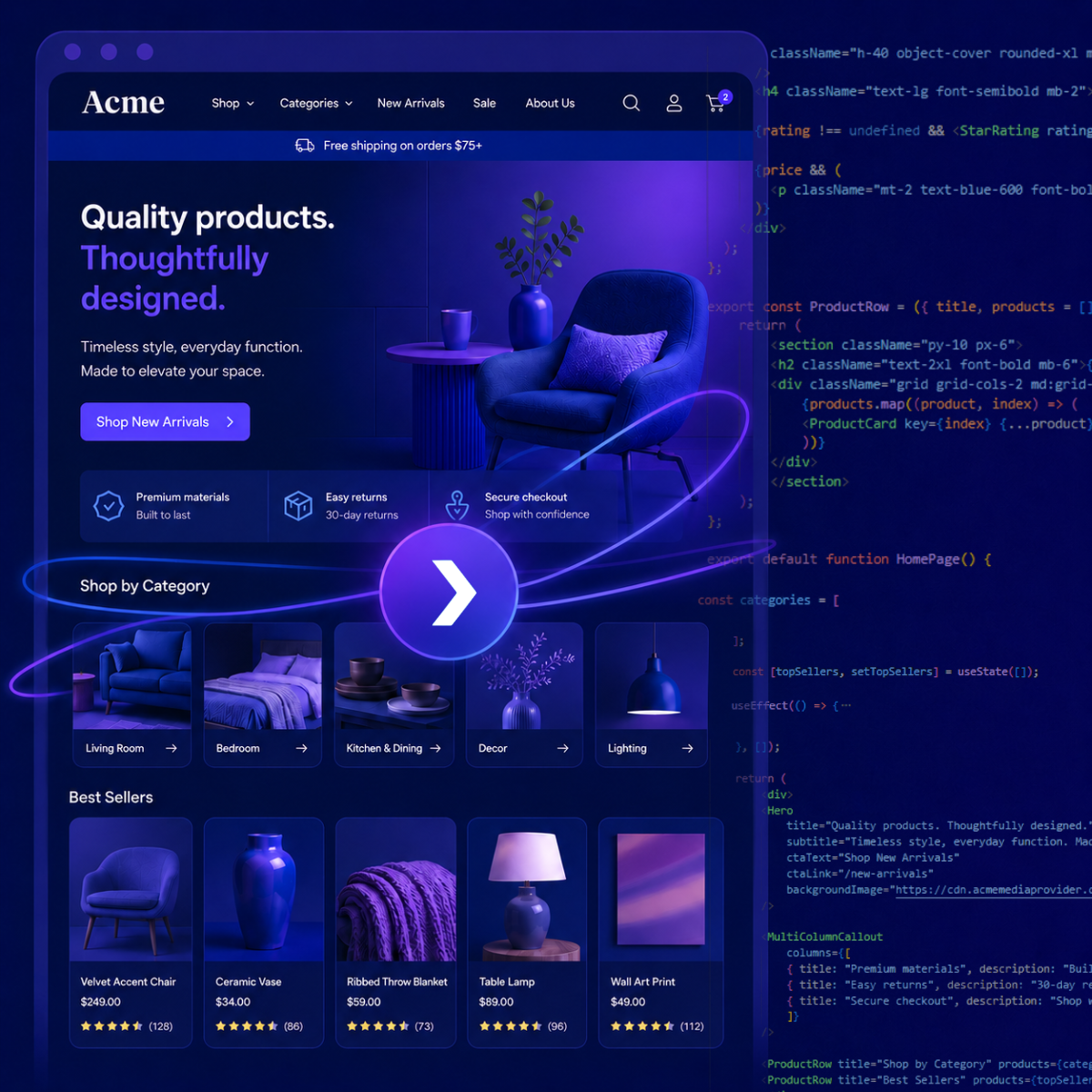 A stylized e-commerce homepage for “Acme” transitions into visible frontend code. Embedded text includes “Quality products. Thoughtfully designed.” alongside product categories, checkout features, and interface components that highlight improved digital experiences and accessible web functionality.