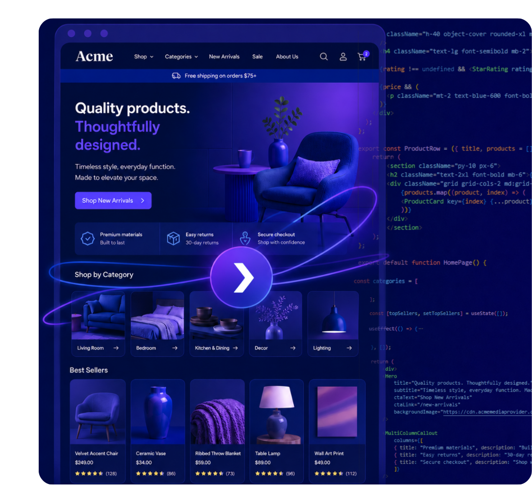 A stylized e-commerce homepage for “Acme” transitions into visible frontend code. Embedded text includes “Quality products. Thoughtfully designed.” alongside product categories, checkout features, and interface components that highlight improved digital experiences and accessible web functionality.