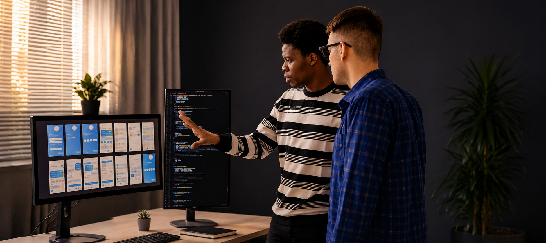 Two digital professionals review mobile interface designs and code on computer monitors for a digital accessibility project